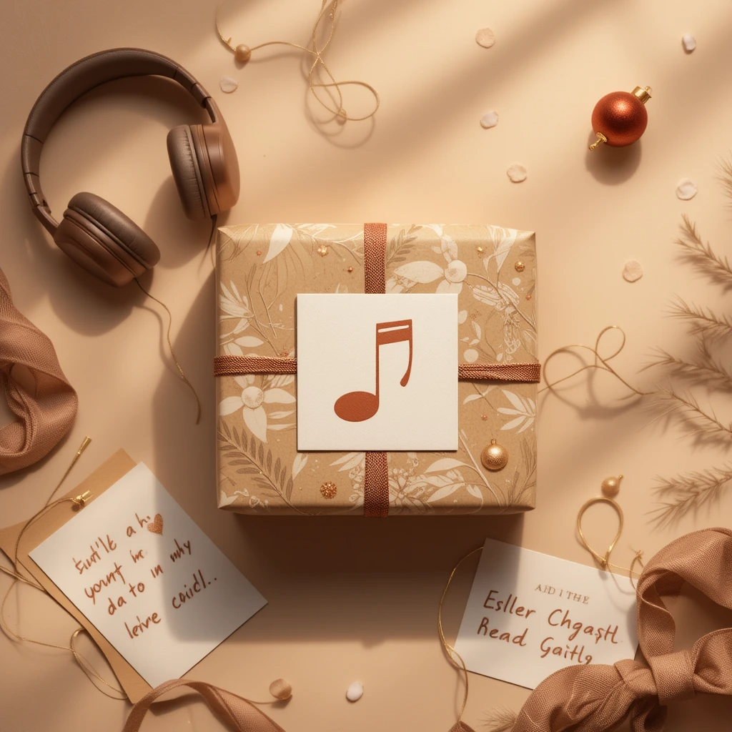 A modern flat-lay featuring a beautifully wrapped gift box with a subtle music note design, placed beside a handwritten card and headphones. The warm, golden tones and minimal lifestyle vibe represent the growing trend of personalized gifting in 2025, where music and memories come together in unique ways. Gift a custom song today - bespokesongs.in